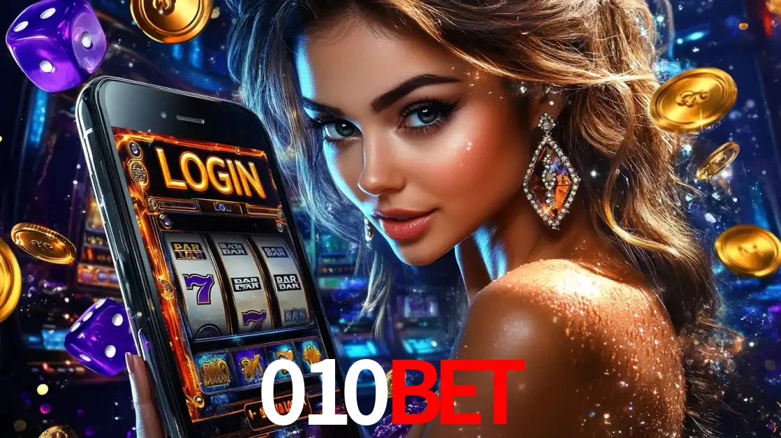 Mulher glamorosa segurando um smartphone com a tela de login para os jogos de caça-níqueis do cassino online 010BET, com moedas de ouro e dados ao redor.