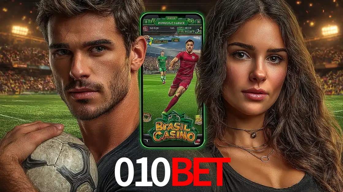 Homem segurando uma bola de futebol e uma mulher ao lado de um smartphone exibindo o jogo de apostas esportivas da 010BET. Faça seu palpite no cassino online.